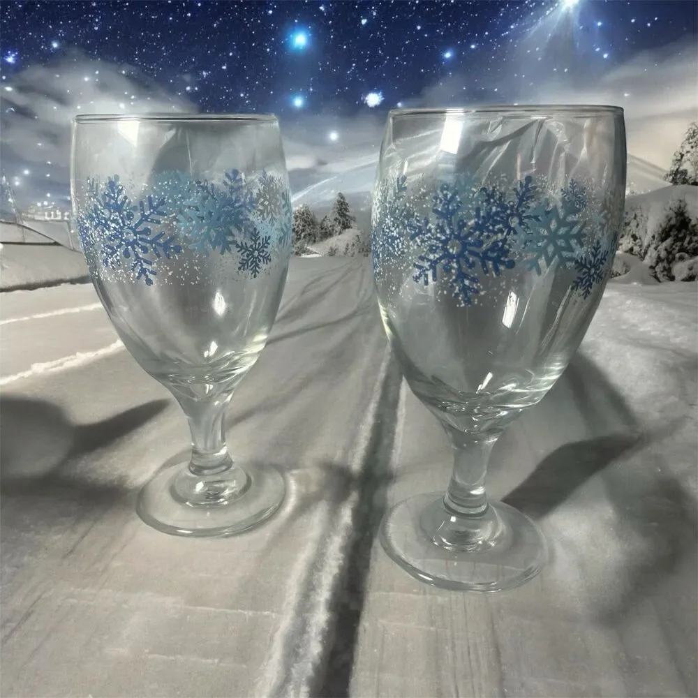 Libbey Winter Snowflake Goblets VTG 7” Blue Water Tea Glasses Christmas Decor